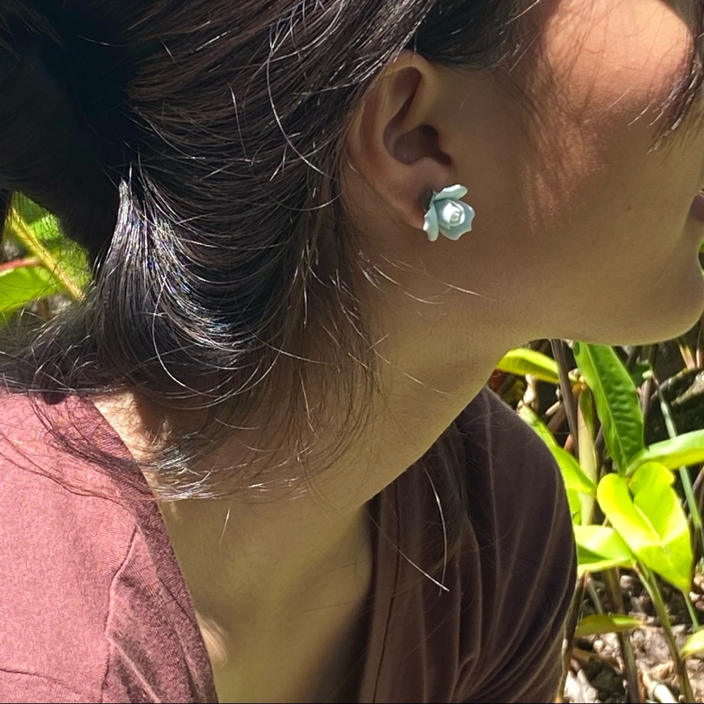 Handmade Ceramic Pastel Blue Rose Bud Flower Studs